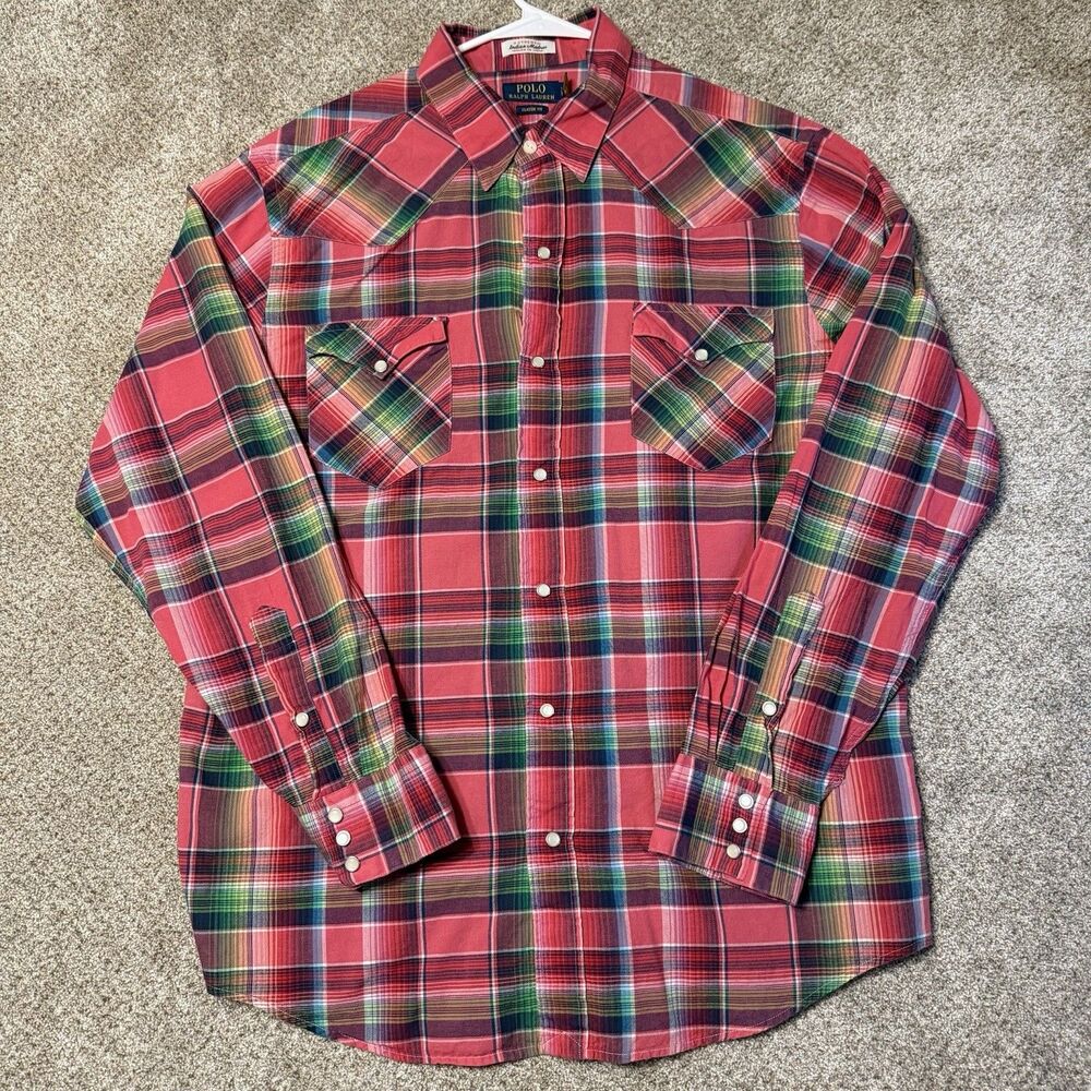 Polo Ralph Lauren Shirt Mens XL Pearl Snap Madras Tartan Plaid Western Cotton